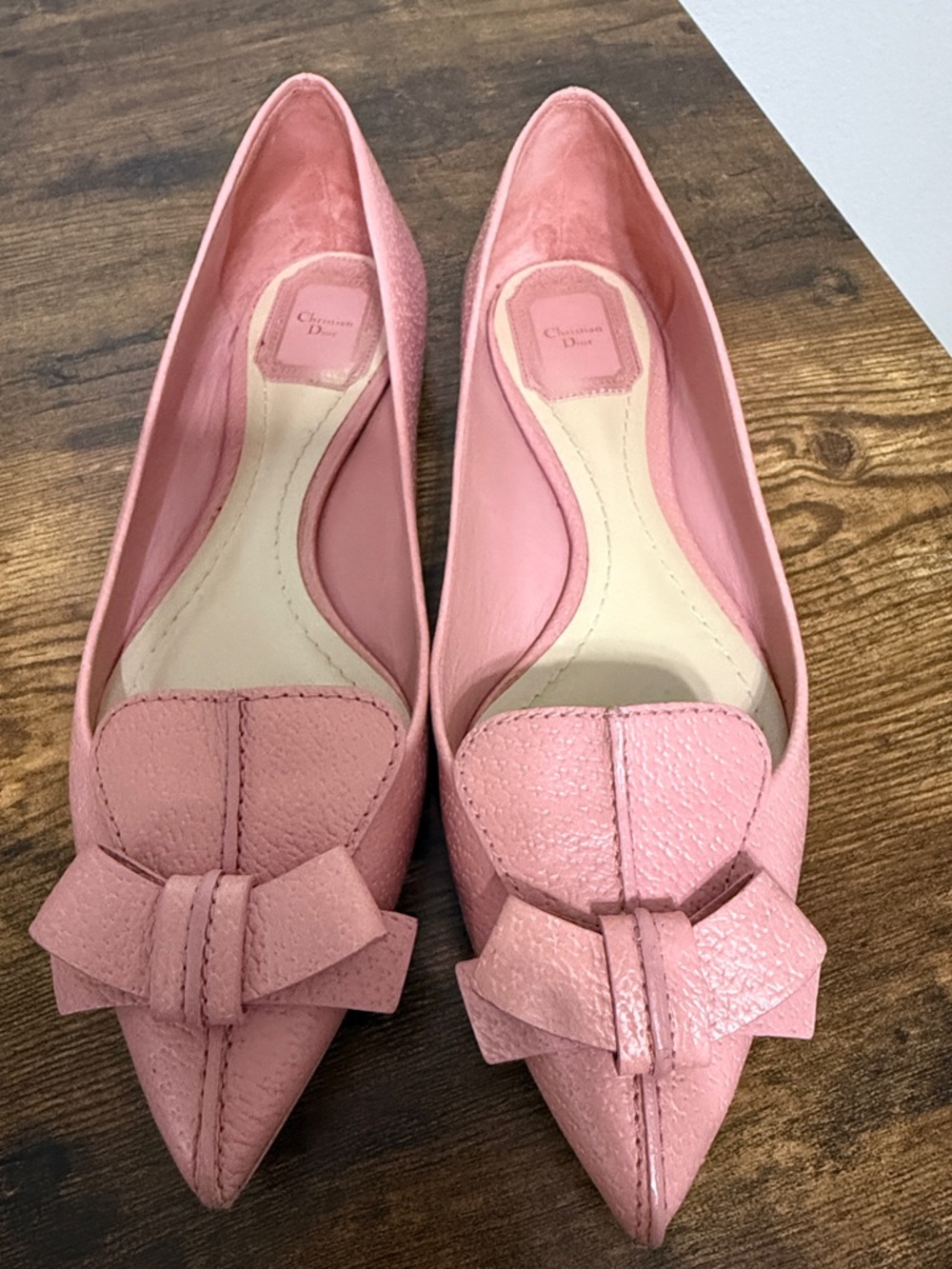 Dior Pink Pointed-Toe Leather Flats with Decorative Bow